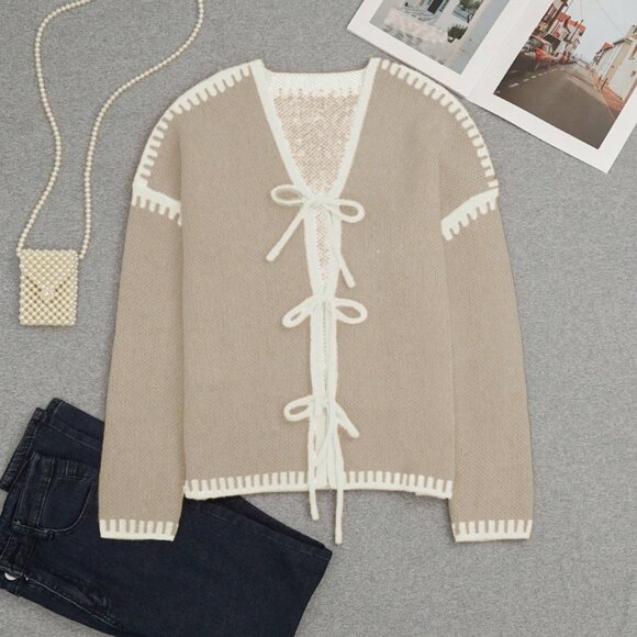 Khaki Preppy Women's Oversized Cardigan - Picture 3 of 3